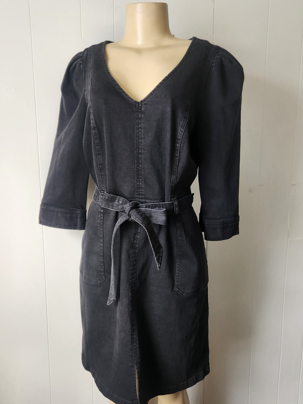 Liz Claiborne Charcoal V-Neck Denim Midi Dress with Tie Waist Size 10